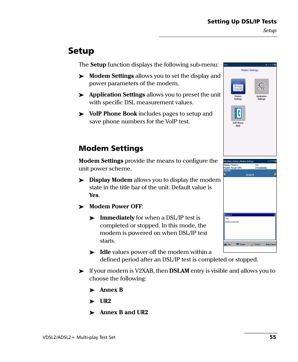 Setup, Modem settings | EXFO MaxTester MAX-630 User Manual | Page 61 / 135