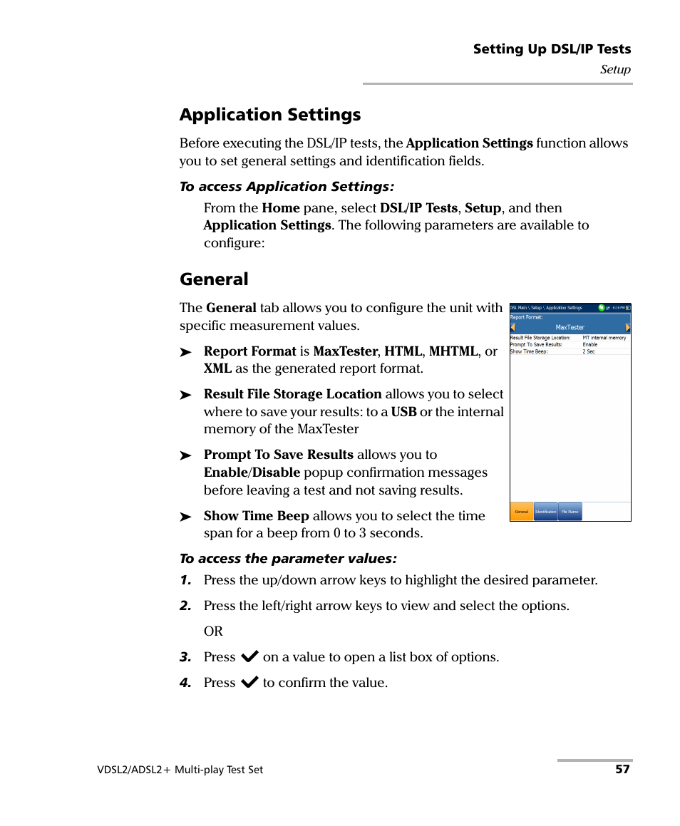 Application settings, General | EXFO MaxTester MAX-630 User Manual | Page 63 / 135