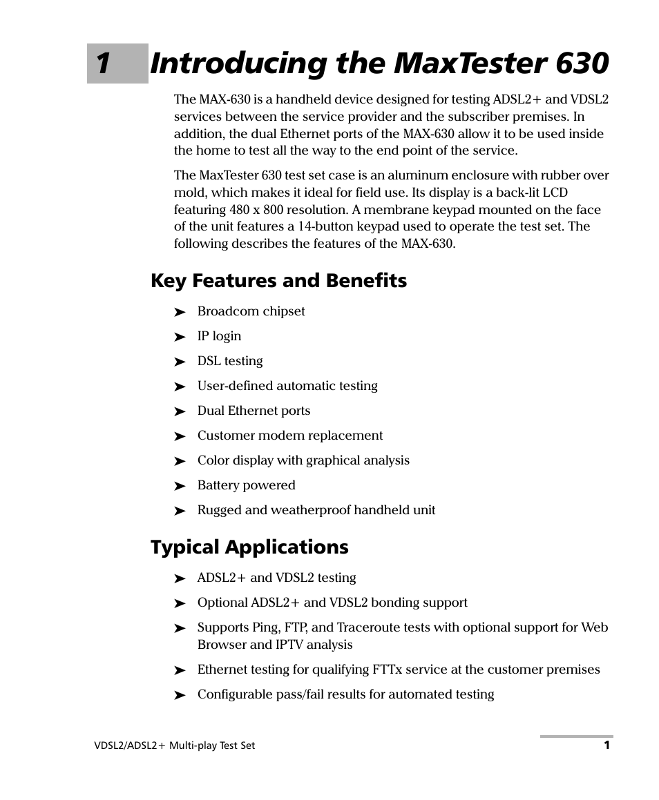 1 introducing the maxtester 630, Key features and benefits, Typical applications | Key features and benefits typical applications, 1introducing the maxtester 630 | EXFO MaxTester MAX-630 User Manual | Page 7 / 135