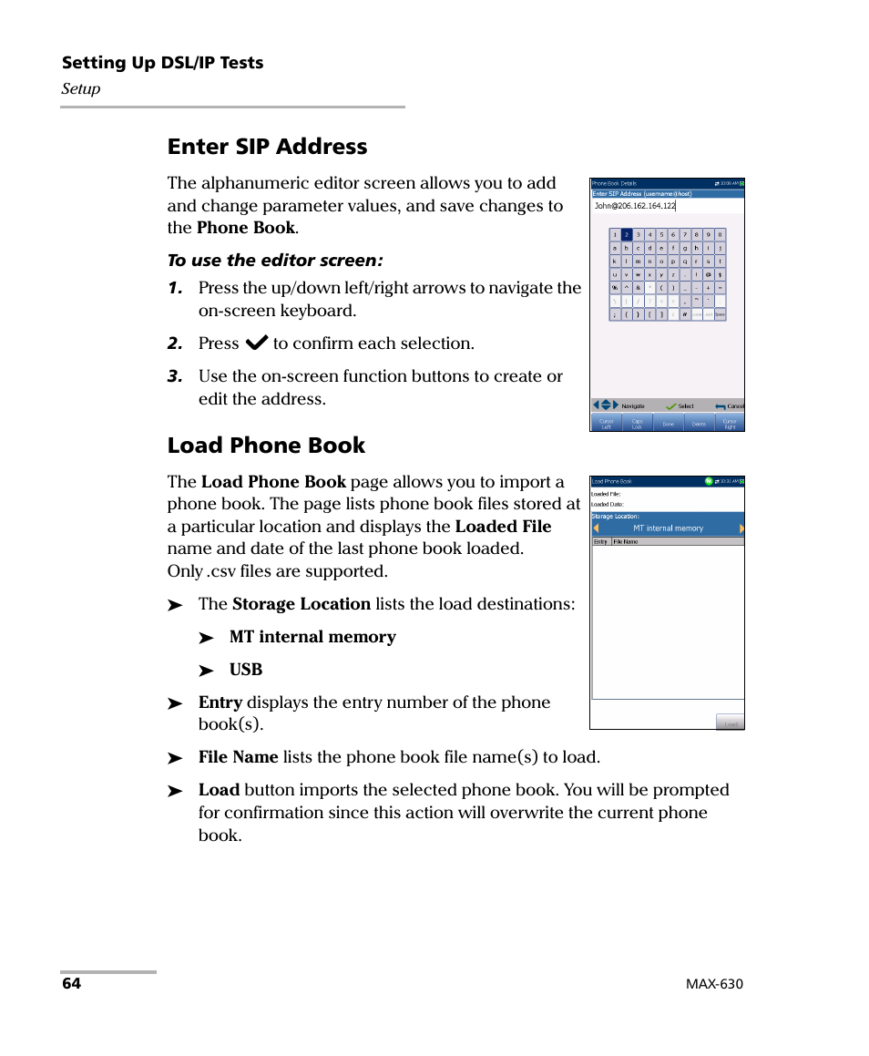 Enter sip address, Load phone book | EXFO MaxTester MAX-630 User Manual | Page 70 / 135