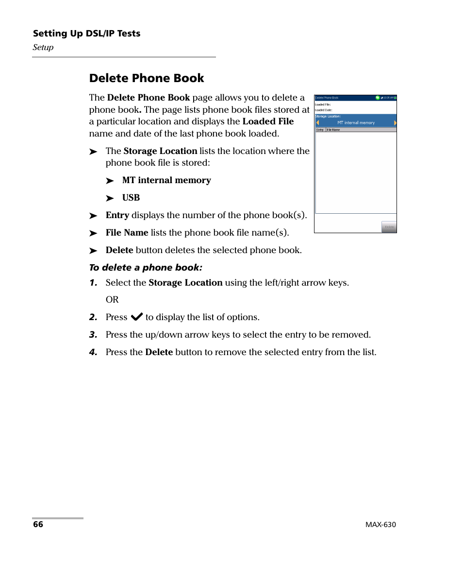 Delete phone book | EXFO MaxTester MAX-630 User Manual | Page 72 / 135