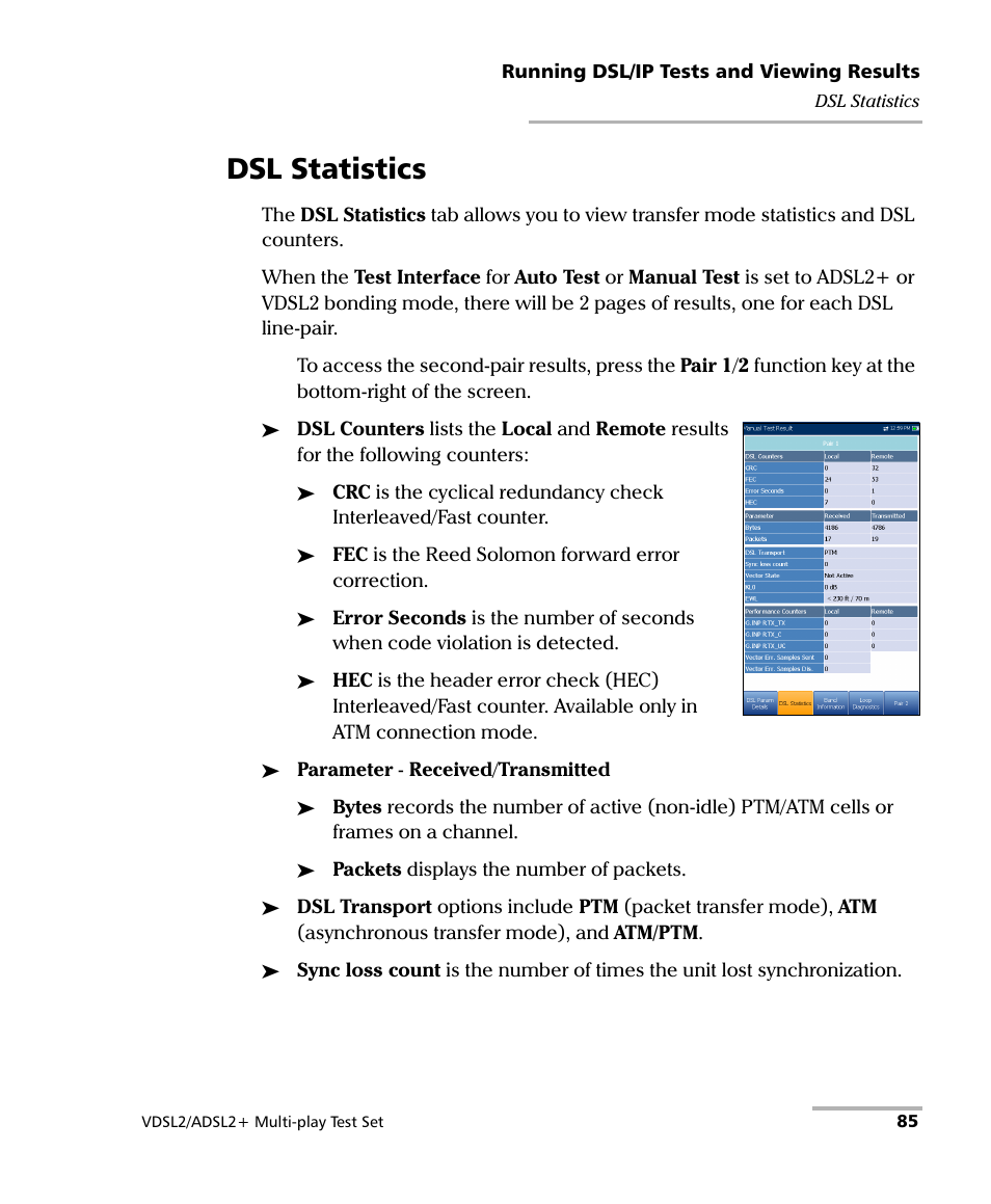 Dsl statistics | EXFO MaxTester MAX-630 User Manual | Page 91 / 135