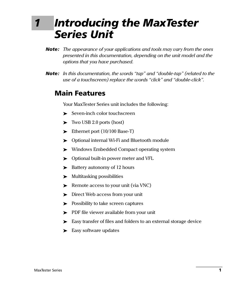 1 introducing the maxtester series unit, Main features, 1introducing the maxtester series unit | EXFO MaxTester Series User Manual | Page 11 / 175