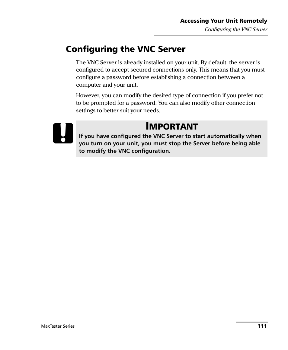 Configuring the vnc server, Mportant | EXFO MaxTester Series User Manual | Page 121 / 175