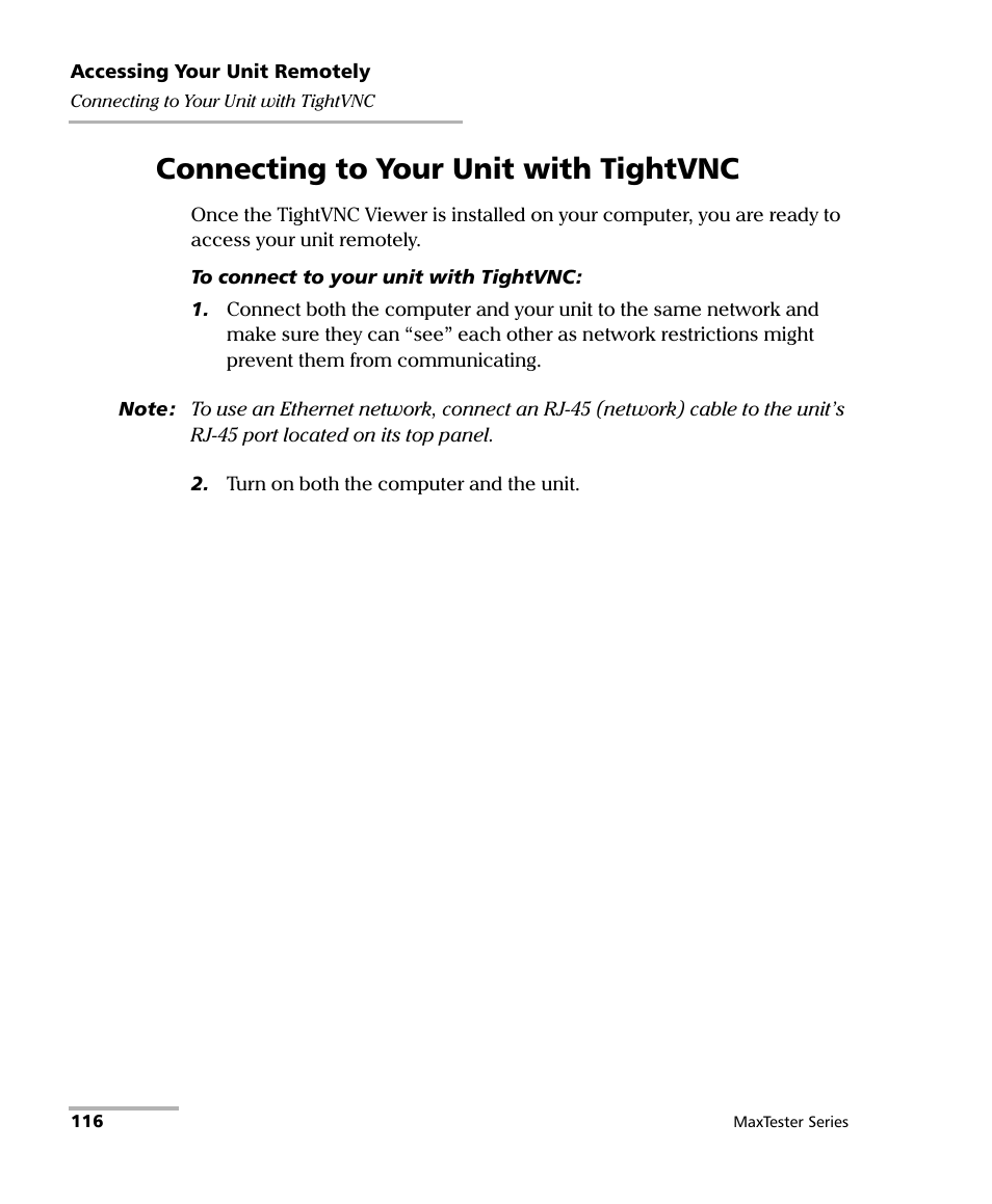 Connecting to your unit with tightvnc | EXFO MaxTester Series User Manual | Page 126 / 175