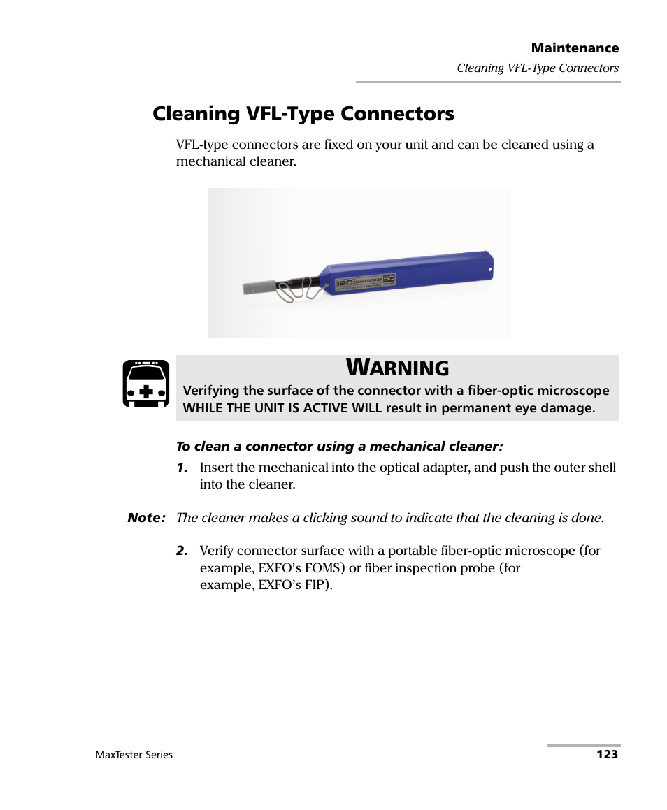 Cleaning vfl-type connectors, Arning | EXFO MaxTester Series User Manual | Page 133 / 175