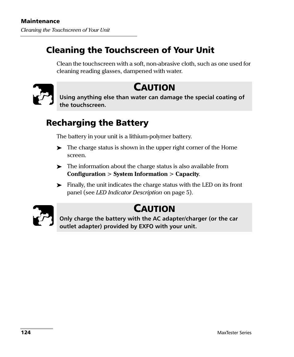 Cleaning the touchscreen of your unit, Recharging the battery, Aution | EXFO MaxTester Series User Manual | Page 134 / 175