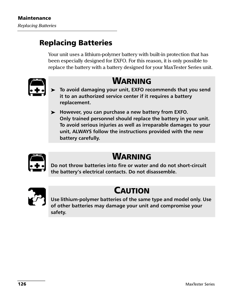 Replacing batteries, Arning, Aution | EXFO MaxTester Series User Manual | Page 136 / 175