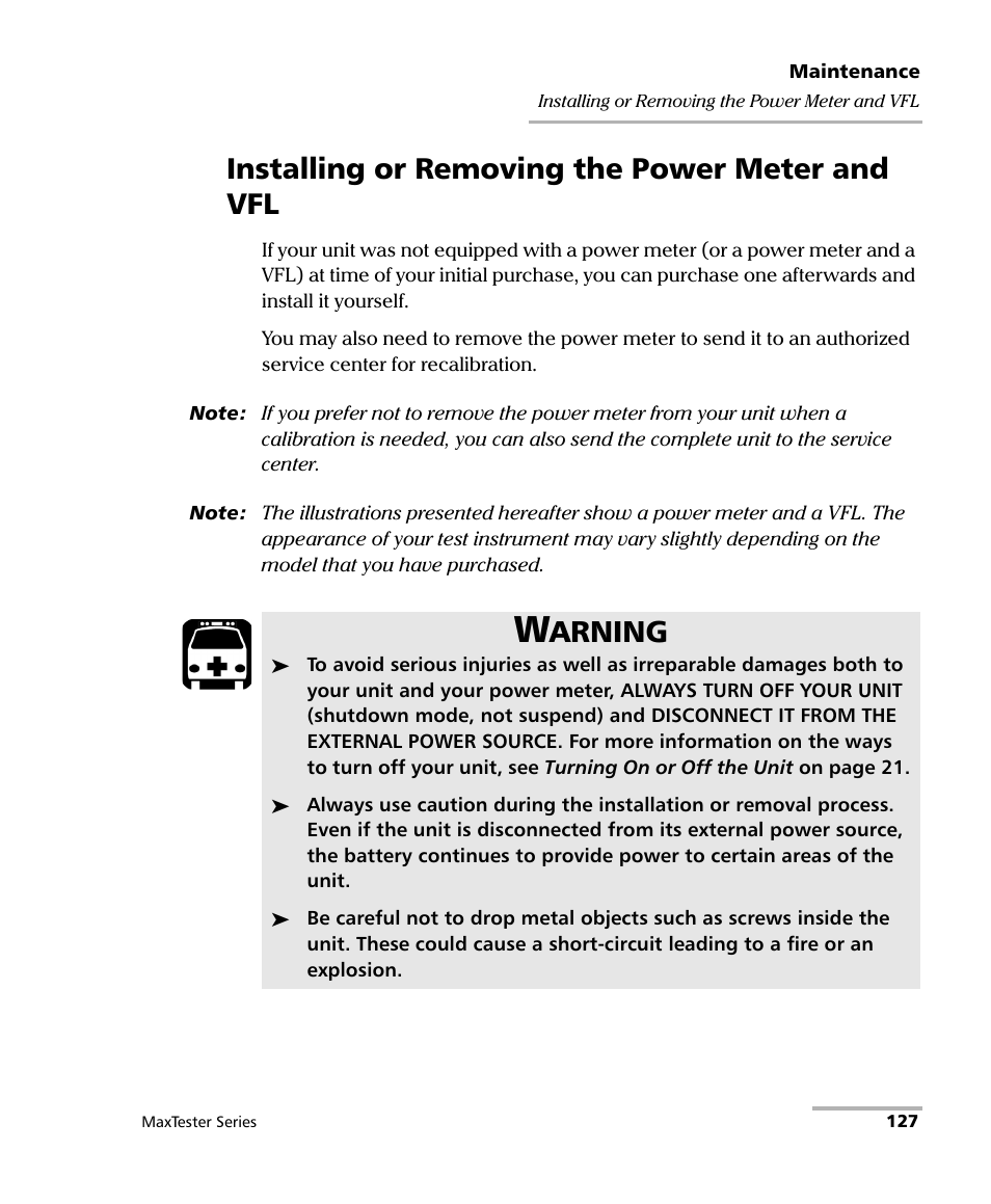 Installing or removing the power meter and vfl, Arning | EXFO MaxTester Series User Manual | Page 137 / 175