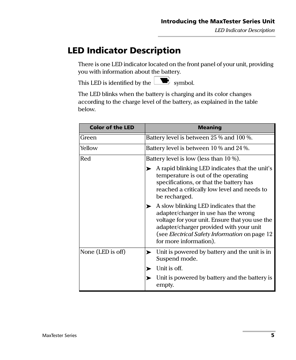 Led indicator description | EXFO MaxTester Series User Manual | Page 15 / 175