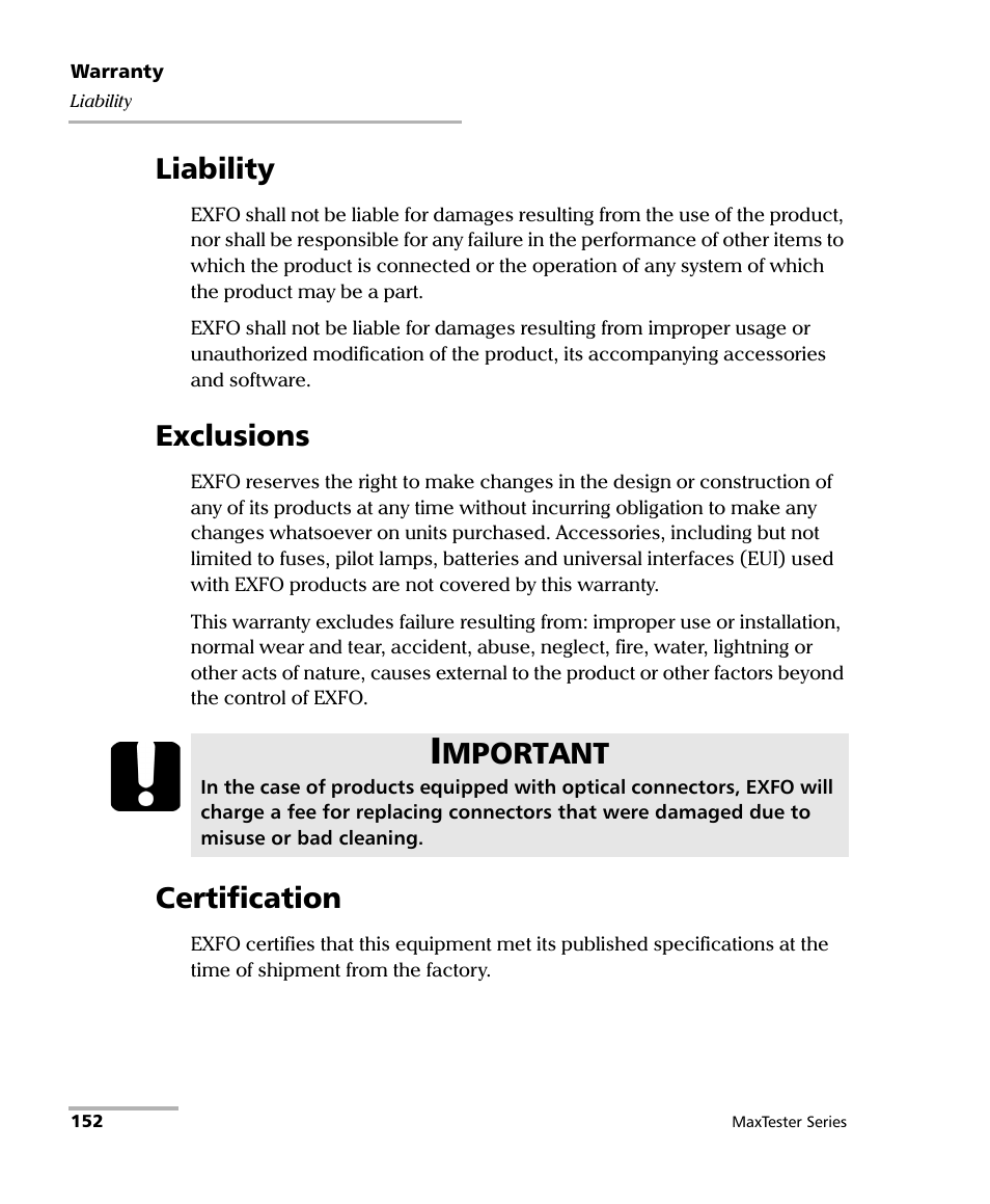 Liability, Exclusions, Certification | Liability exclusions certification, Mportant | EXFO MaxTester Series User Manual | Page 162 / 175