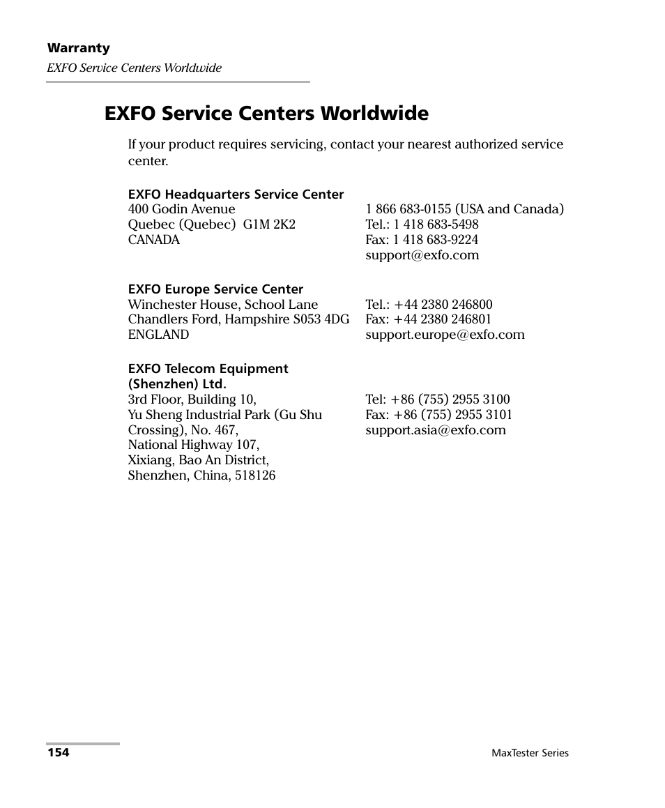 Exfo service centers worldwide | EXFO MaxTester Series User Manual | Page 164 / 175