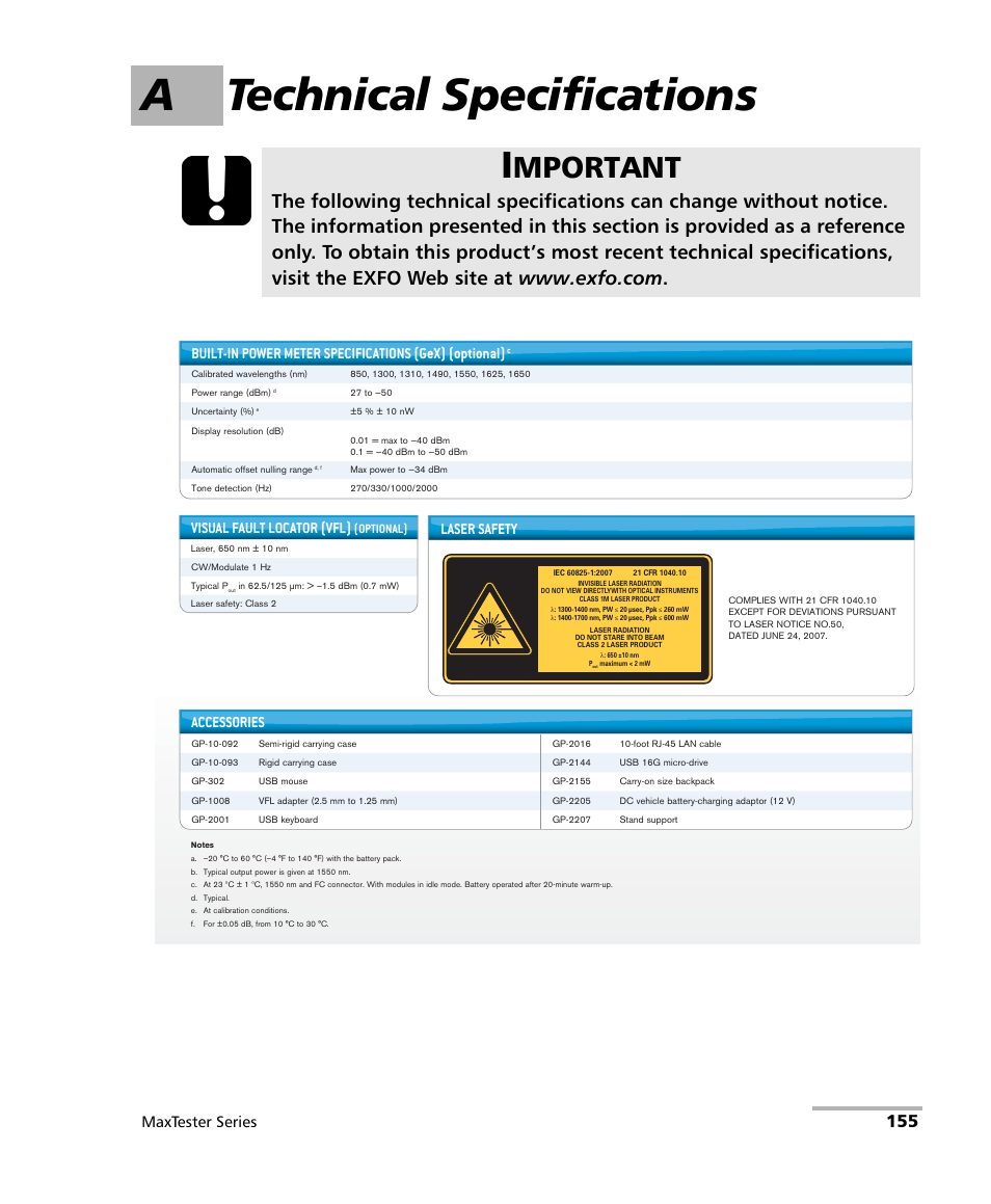 A technical specifications, Mportant, Maxtester series | Visual fault locator (vfl), Accessories, Laser safety | EXFO MaxTester Series User Manual | Page 165 / 175