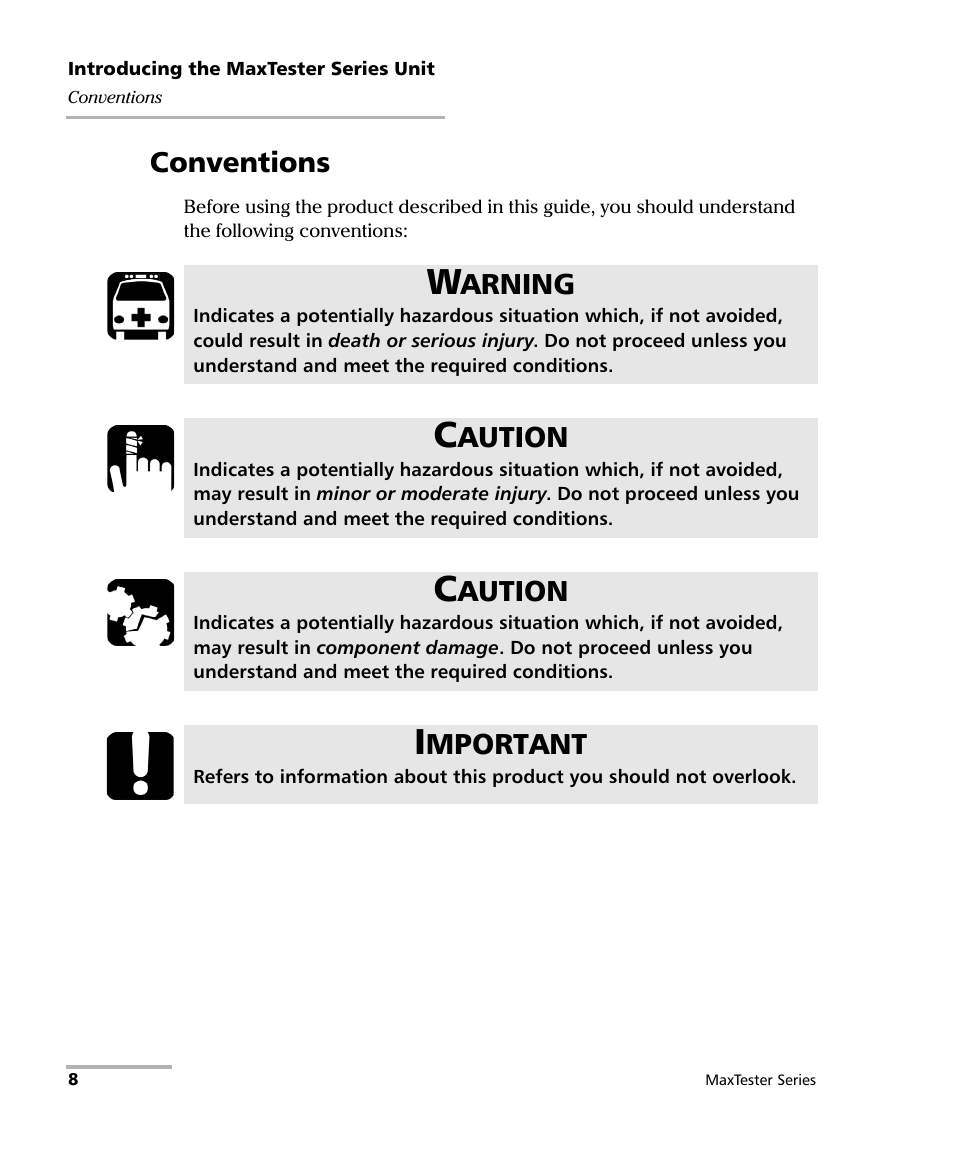 Conventions, Arning, Aution | Mportant | EXFO MaxTester Series User Manual | Page 18 / 175