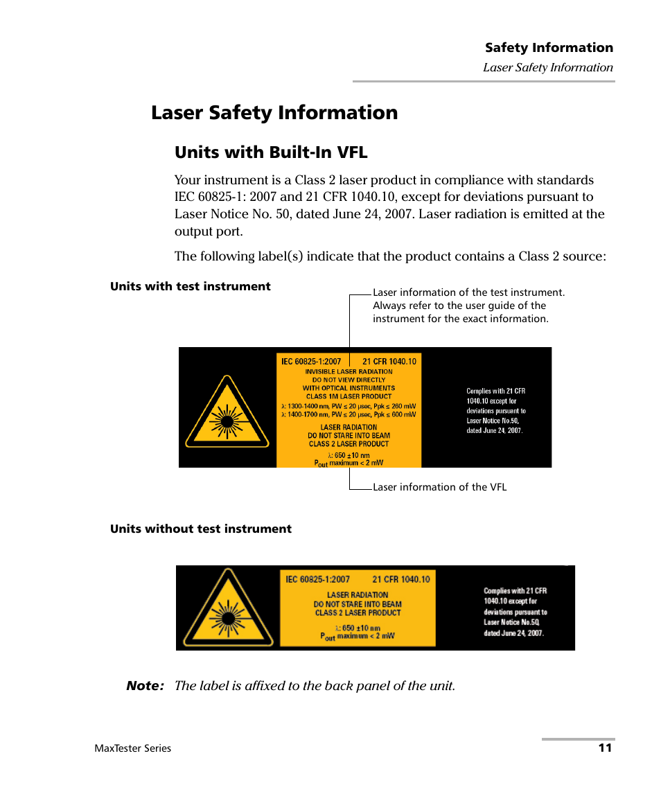 Laser safety information, Units with built-in vfl | EXFO MaxTester Series User Manual | Page 21 / 175