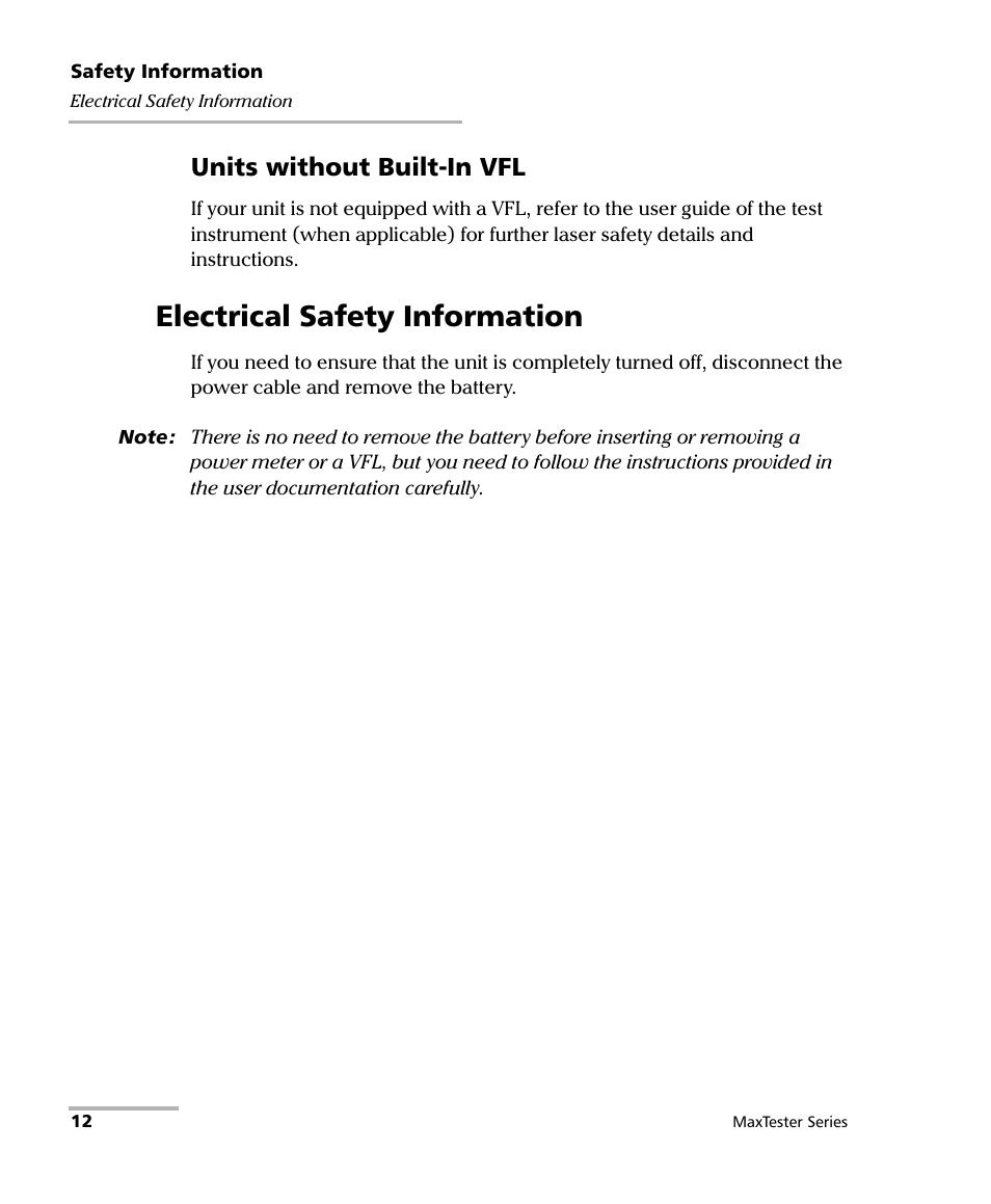 Electrical safety information, Units without built-in vfl | EXFO MaxTester Series User Manual | Page 22 / 175