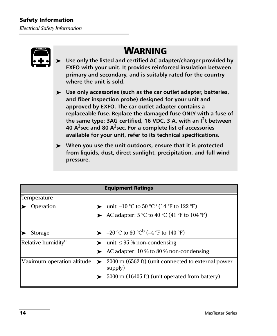 Arning | EXFO MaxTester Series User Manual | Page 24 / 175