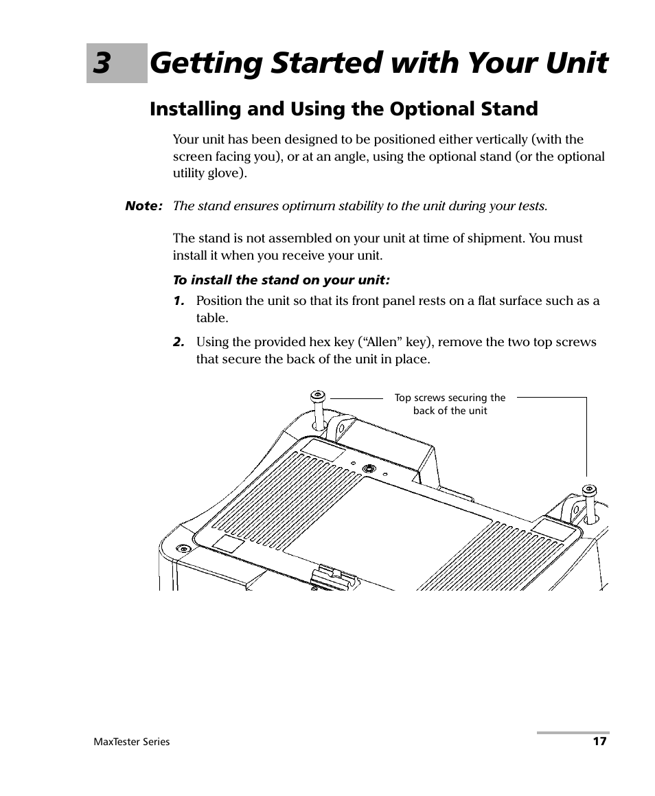 3 getting started with your unit, Installing and using the optional stand, 3getting started with your unit | EXFO MaxTester Series User Manual | Page 27 / 175