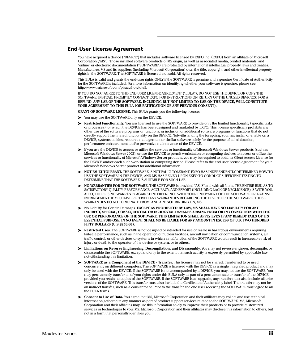 Iii end-user license agreement, Maxtester series | EXFO MaxTester Series User Manual | Page 3 / 175