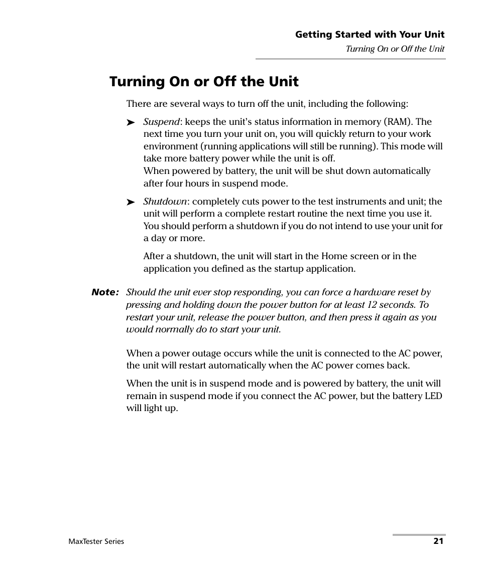 Turning on or off the unit | EXFO MaxTester Series User Manual | Page 31 / 175