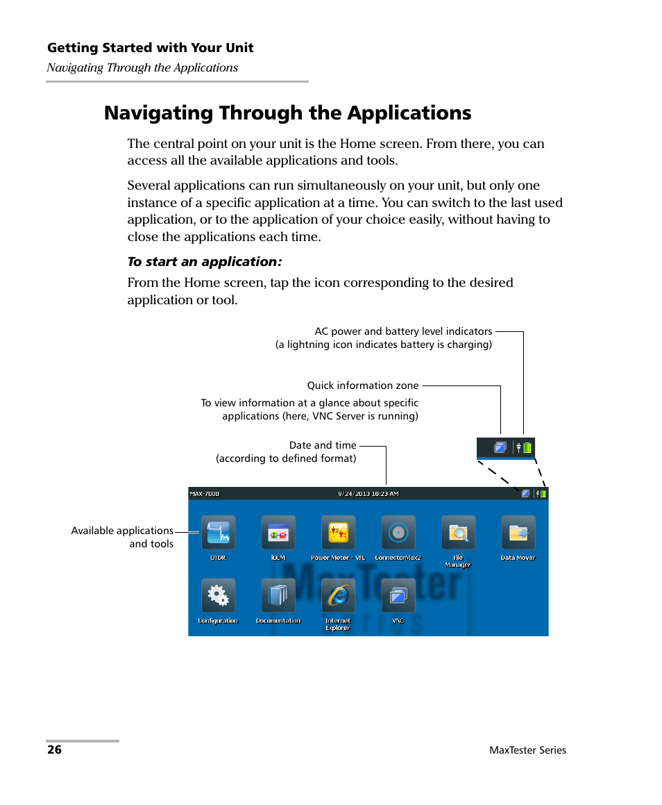 Navigating through the applications | EXFO MaxTester Series User Manual | Page 36 / 175