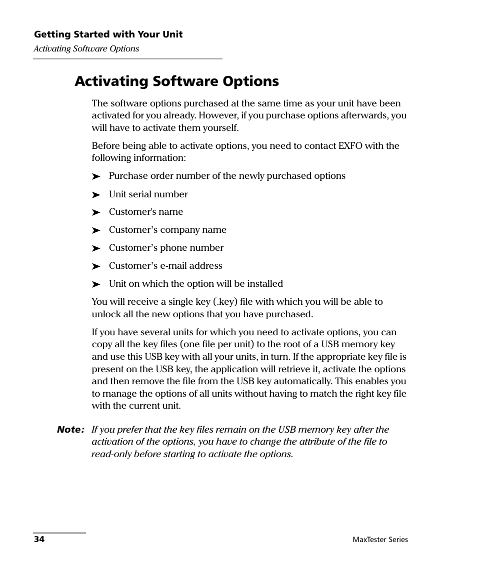 Activating software options | EXFO MaxTester Series User Manual | Page 44 / 175