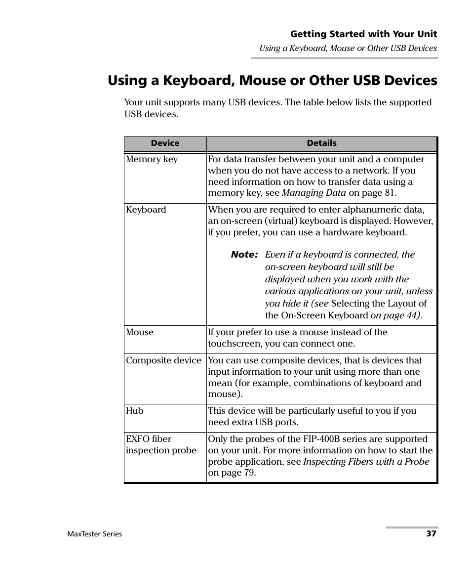 Using a keyboard, mouse or other usb devices | EXFO MaxTester Series User Manual | Page 47 / 175