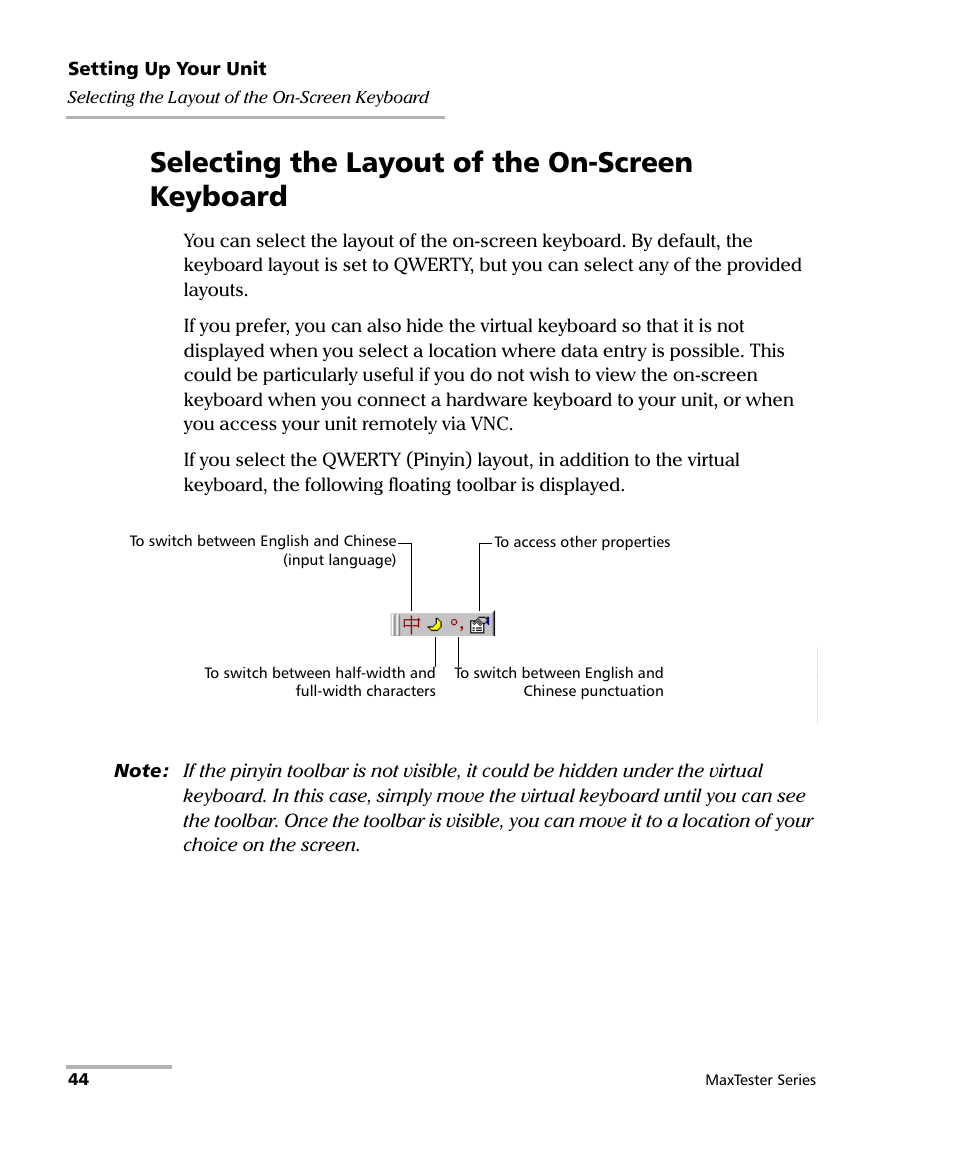 Selecting the layout of the on-screen keyboard | EXFO MaxTester Series User Manual | Page 54 / 175