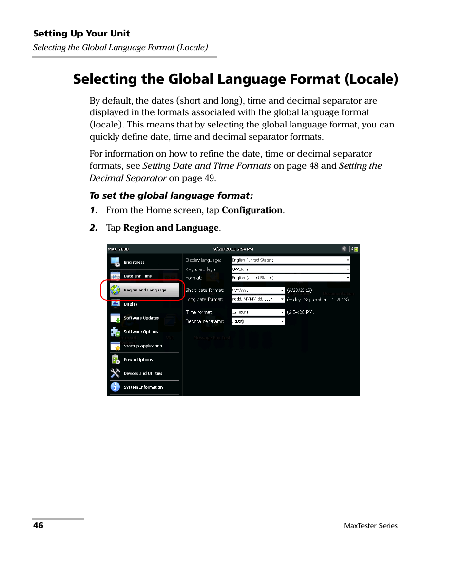 Selecting the global language format (locale) | EXFO MaxTester Series User Manual | Page 56 / 175