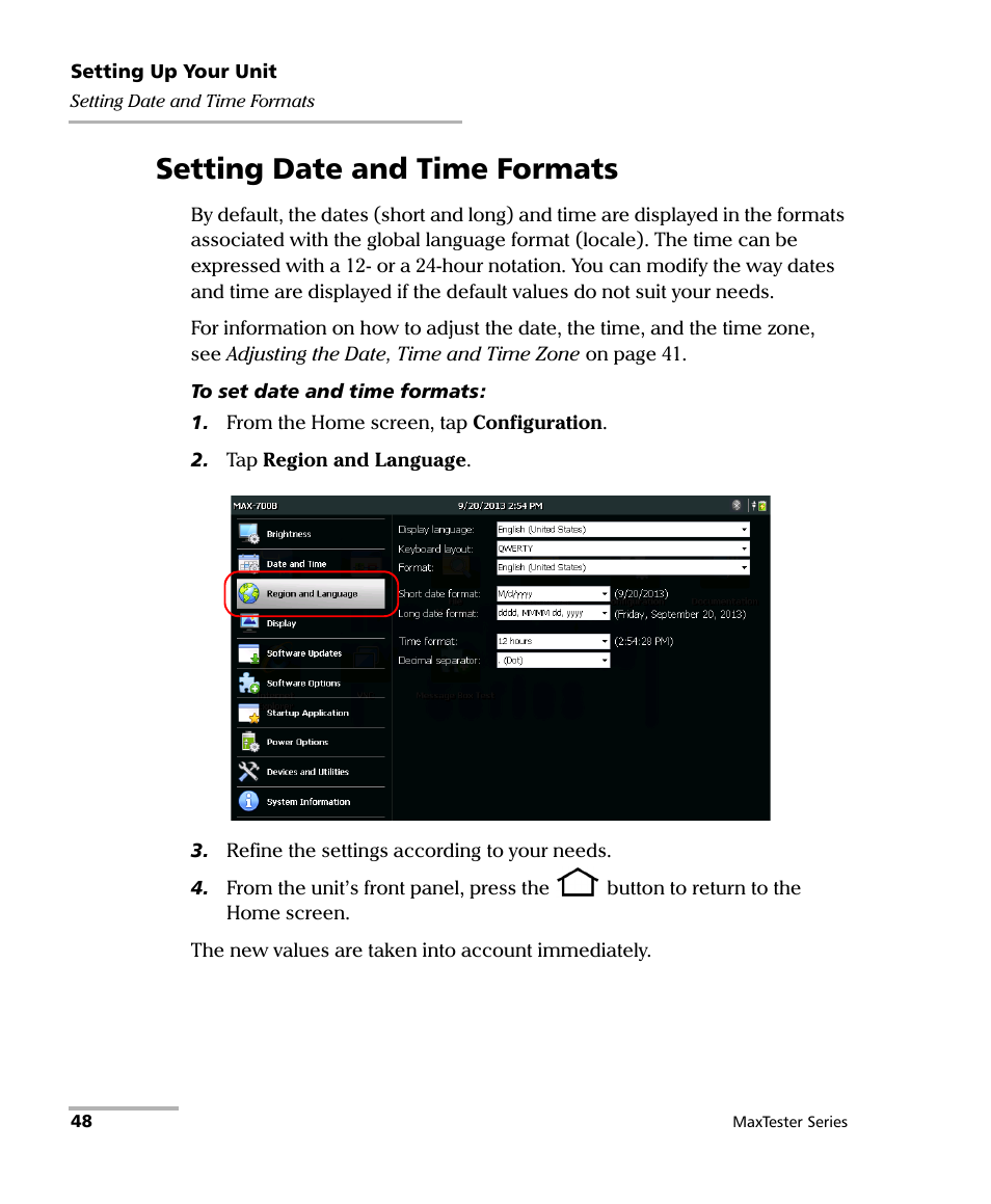 Setting date and time formats | EXFO MaxTester Series User Manual | Page 58 / 175