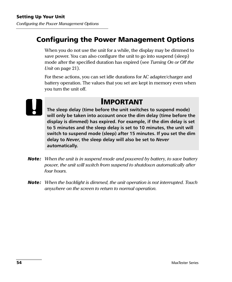 Configuring the power management options, Mportant | EXFO MaxTester Series User Manual | Page 64 / 175