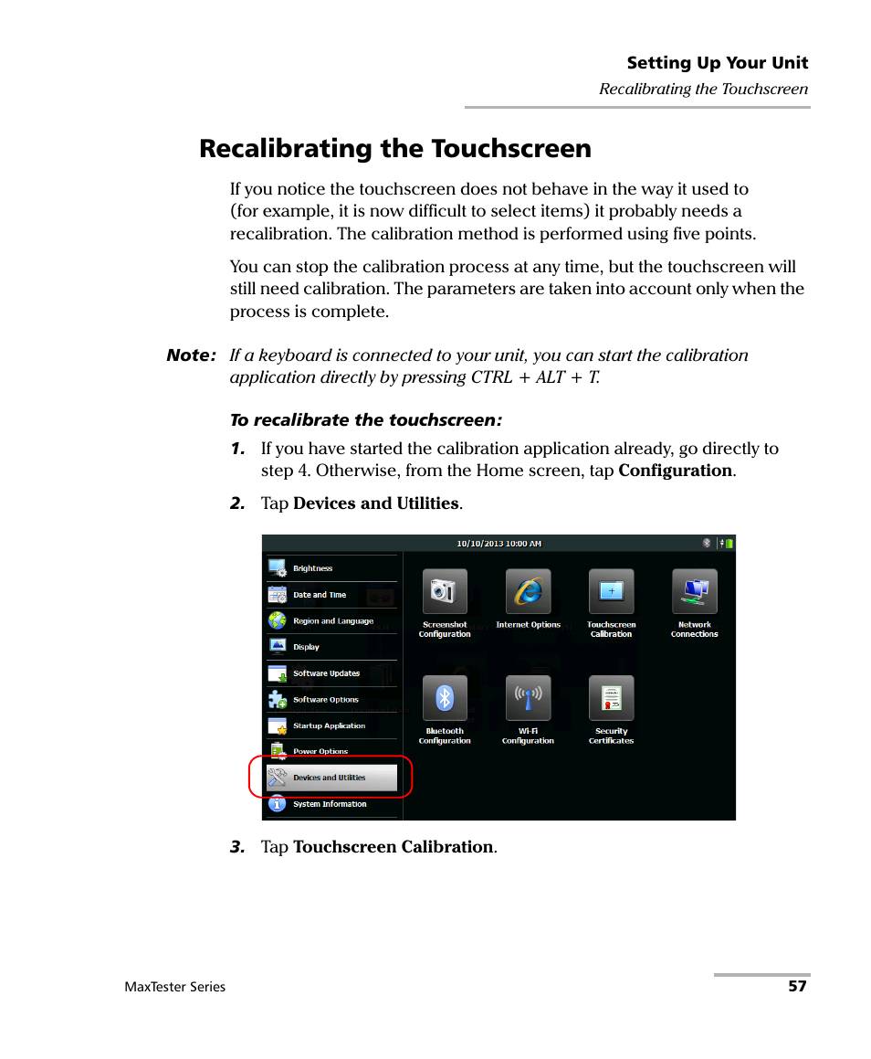 Recalibrating the touchscreen | EXFO MaxTester Series User Manual | Page 67 / 175