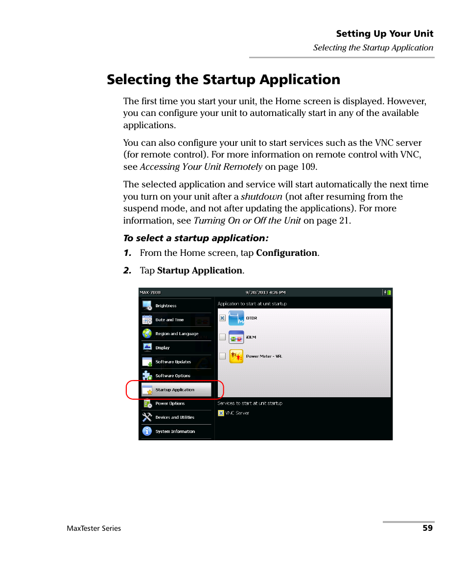 Selecting the startup application | EXFO MaxTester Series User Manual | Page 69 / 175