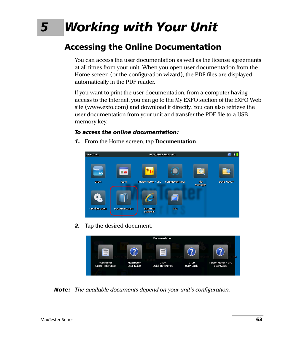 5 working with your unit, Accessing the online documentation, Accessing the | Online, Documentation on, 5working with your unit | EXFO MaxTester Series User Manual | Page 73 / 175