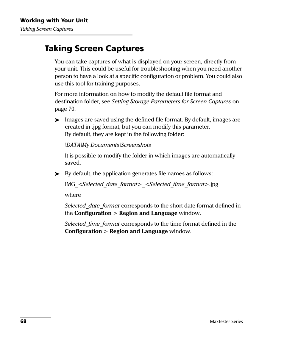 Taking screen captures | EXFO MaxTester Series User Manual | Page 78 / 175