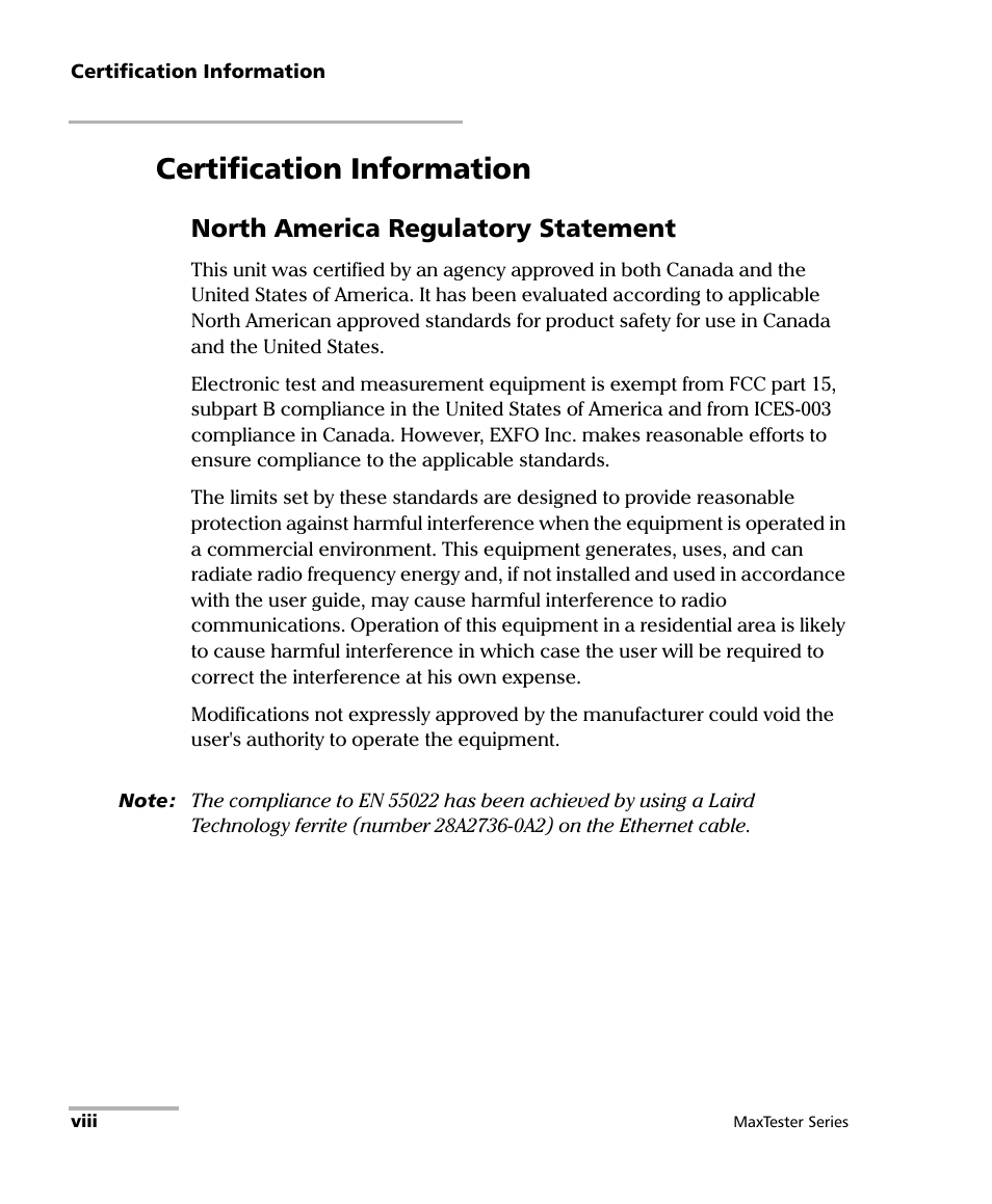 Certification information, North america regulatory statement | EXFO MaxTester Series User Manual | Page 8 / 175