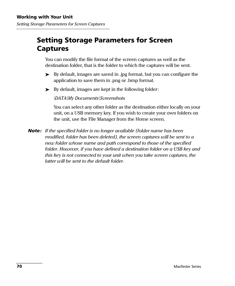 Setting storage parameters for screen captures | EXFO MaxTester Series User Manual | Page 80 / 175