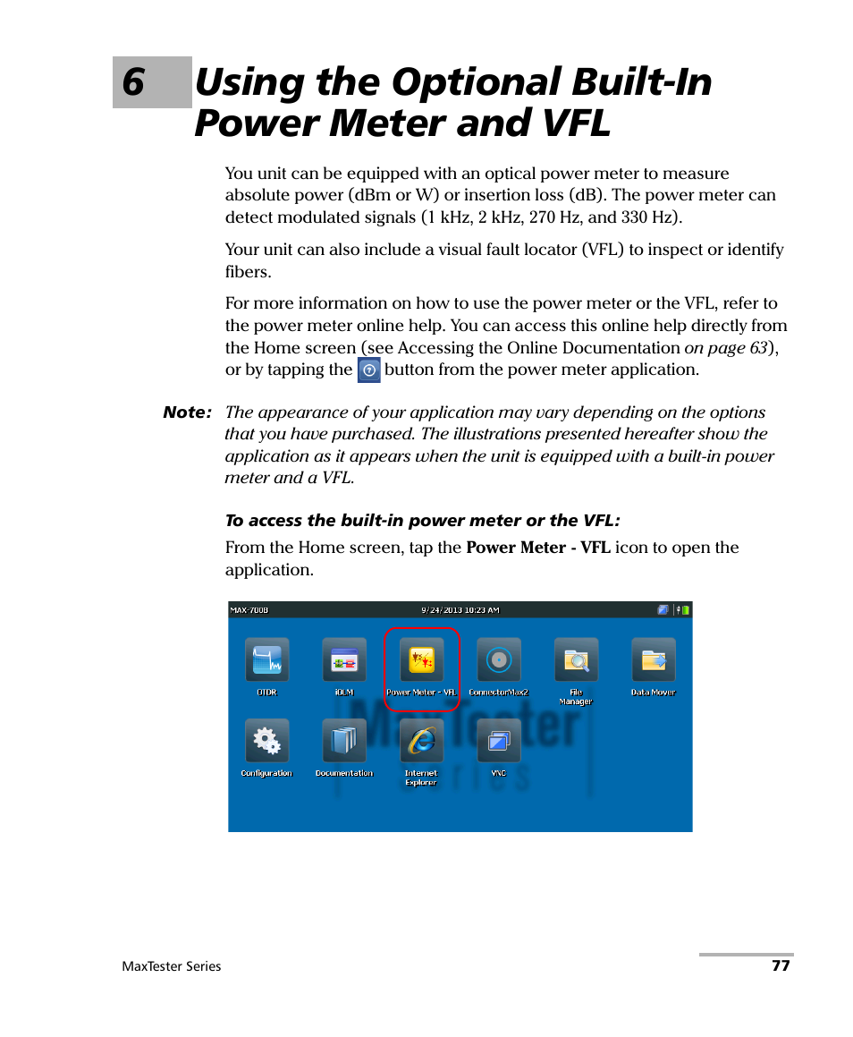 6 using the optional built-in power meter and vfl, 6using the optional built-in power meter and vfl | EXFO MaxTester Series User Manual | Page 87 / 175