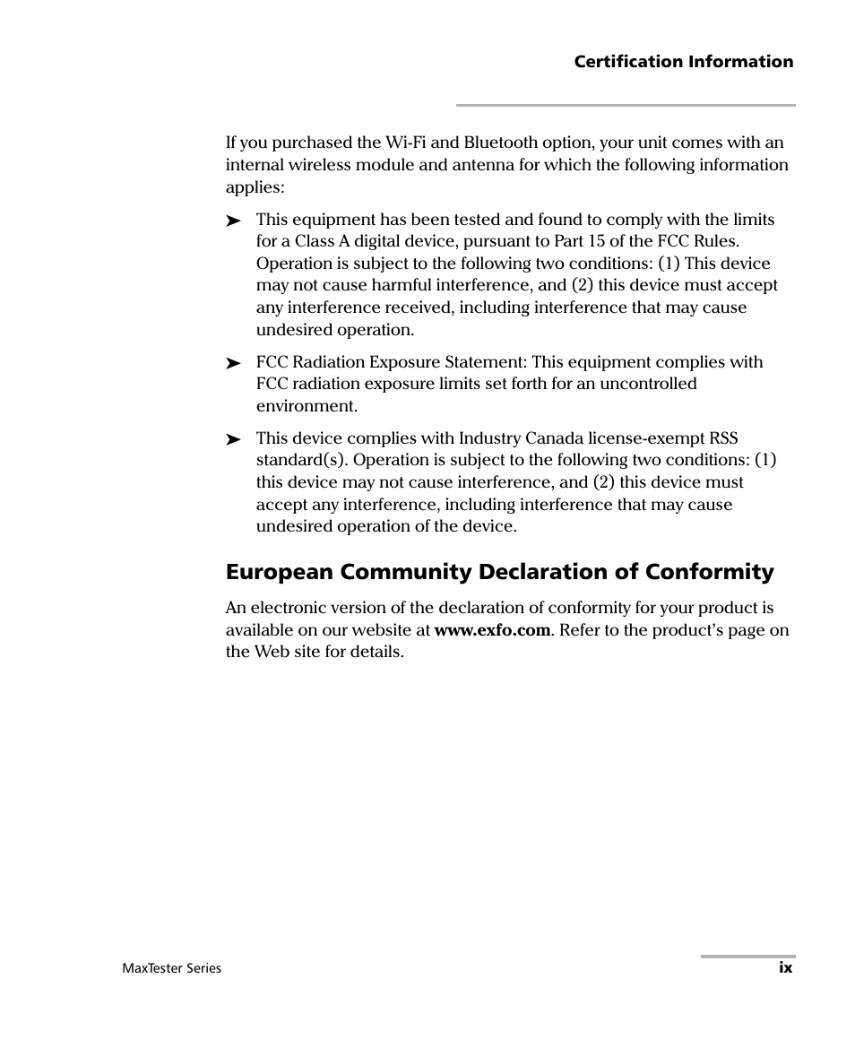European community declaration of conformity | EXFO MaxTester Series User Manual | Page 9 / 175