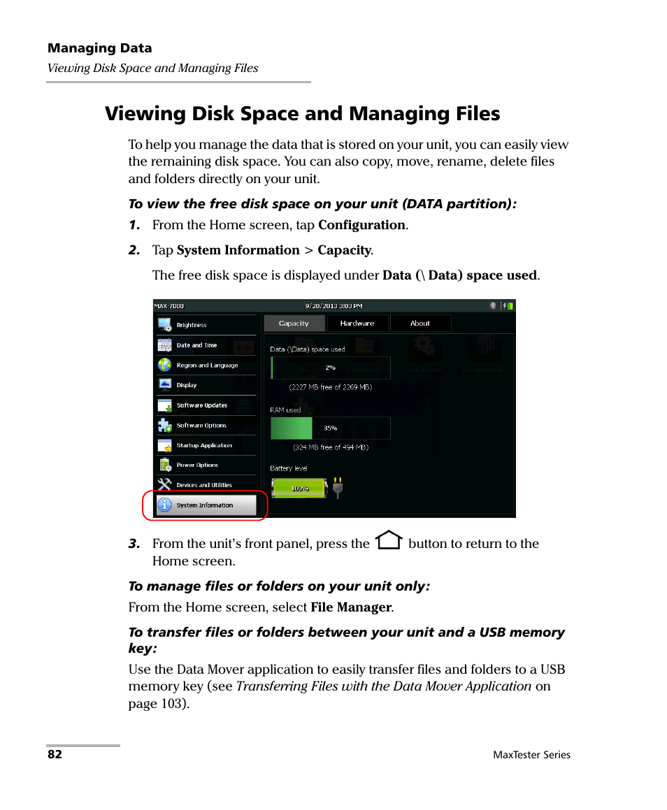 Viewing disk space and managing files | EXFO MaxTester Series User Manual | Page 92 / 175