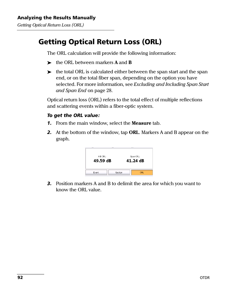 Getting optical return loss (orl) | EXFO OTDR 2 User Manual | Page 100 / 219