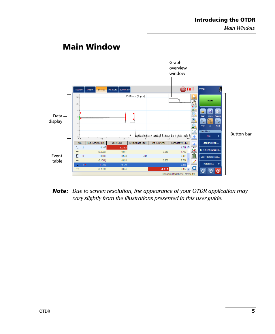 Main window | EXFO OTDR 2 User Manual | Page 13 / 219