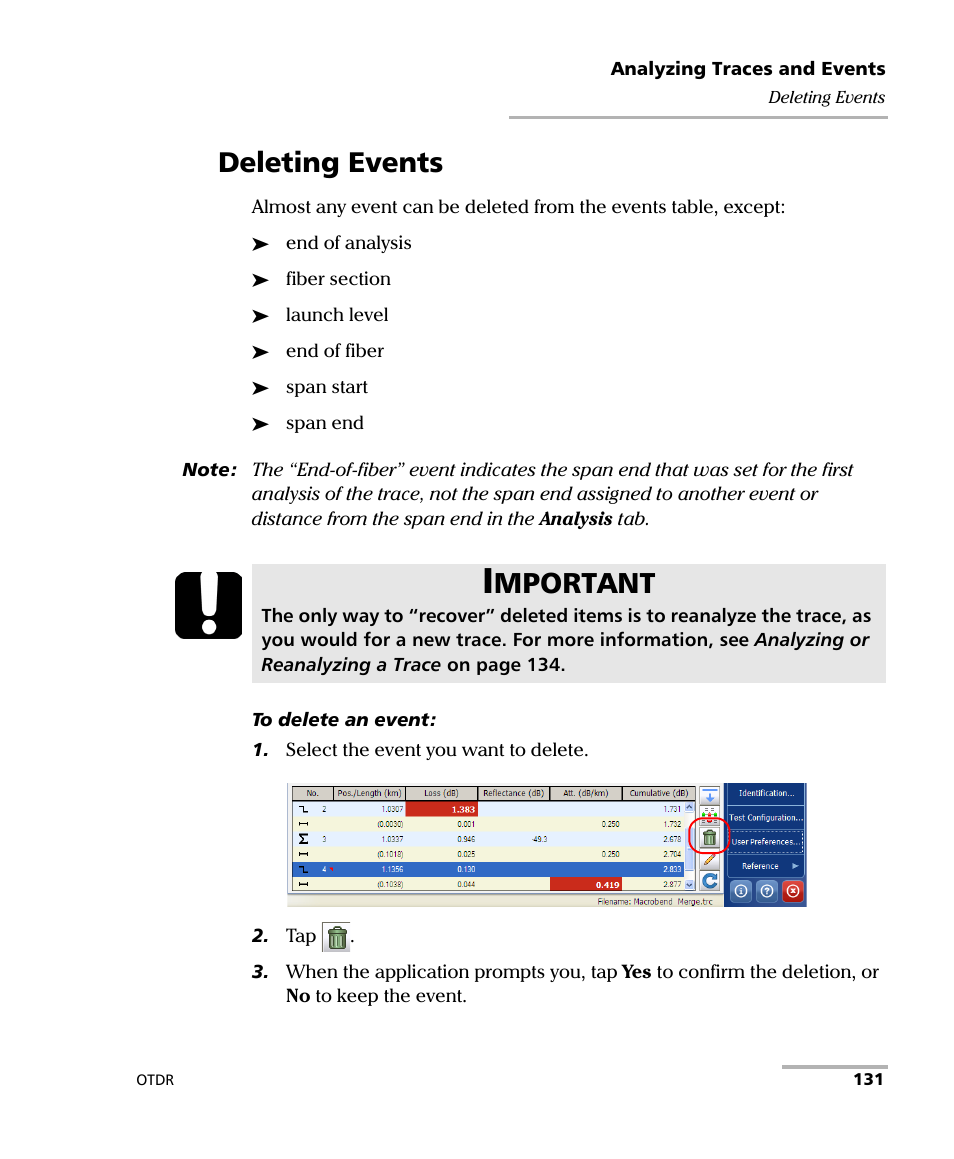 Deleting events, Mportant | EXFO OTDR 2 User Manual | Page 139 / 219