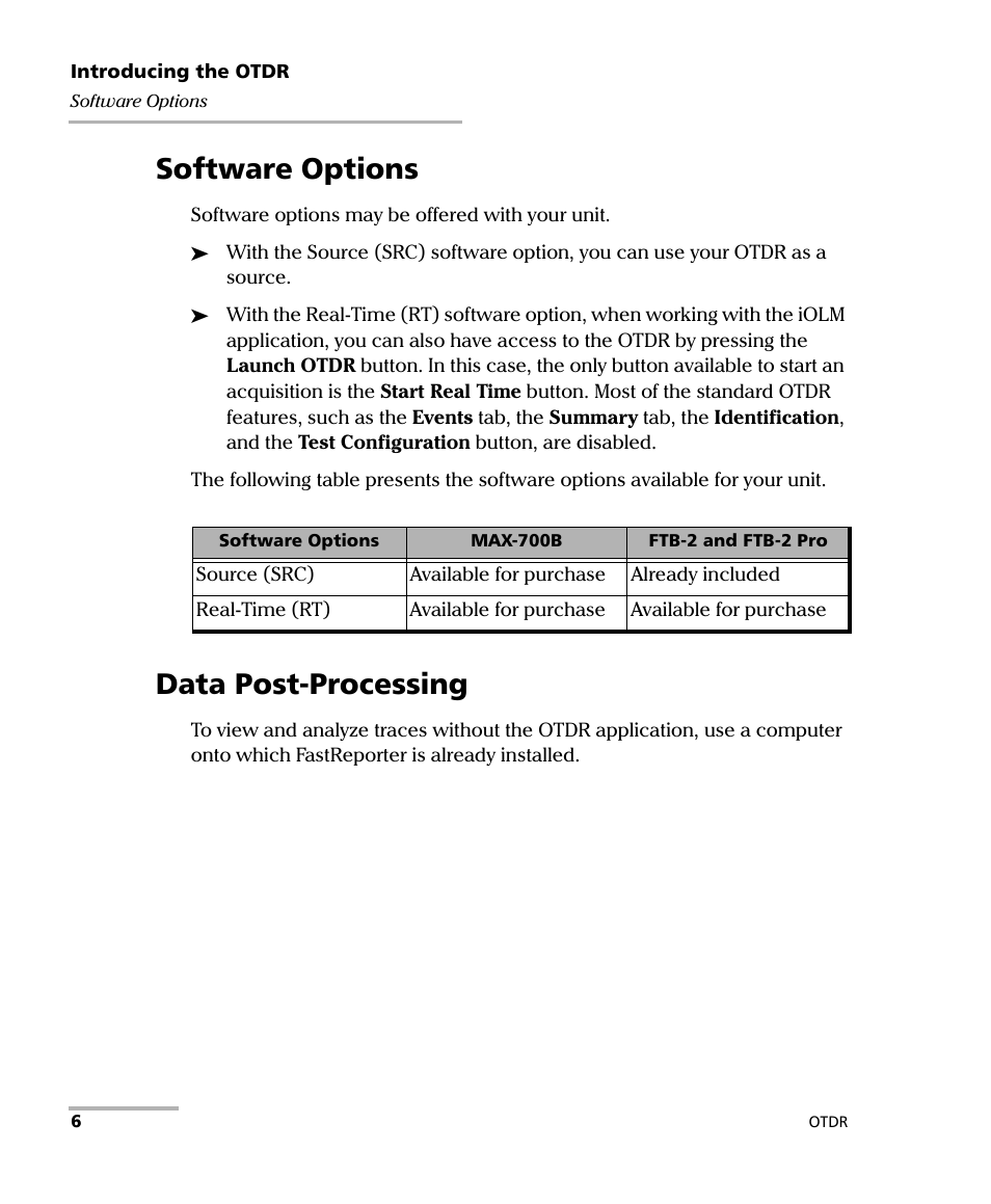 Software options, Data post-processing, Software options data post-processing | EXFO OTDR 2 User Manual | Page 14 / 219