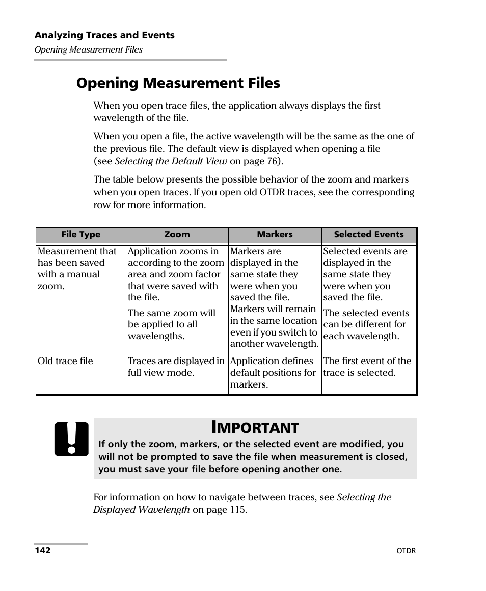 Opening measurement files, Mportant | EXFO OTDR 2 User Manual | Page 150 / 219