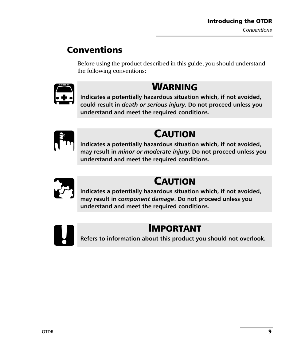 Conventions, Arning, Aution | Mportant | EXFO OTDR 2 User Manual | Page 17 / 219