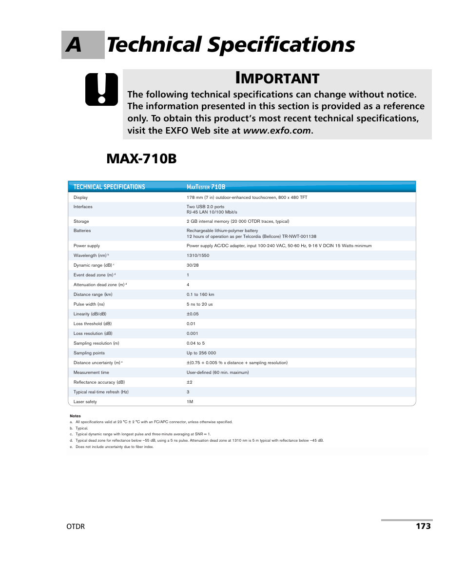 A technical specifications, Max-710b, Mportant | Otdr, Technical specifications m, 710b | EXFO OTDR 2 User Manual | Page 181 / 219