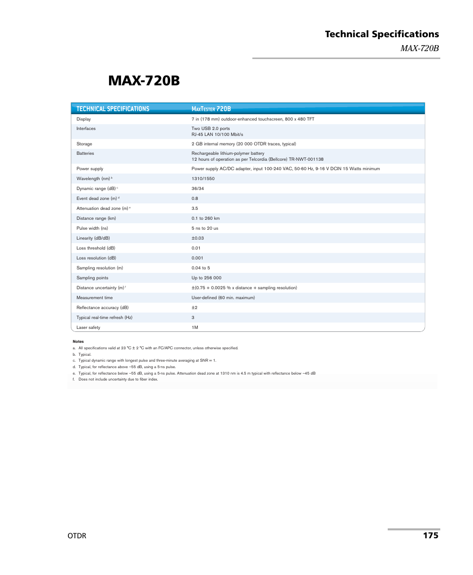 Max-720b, Technical specifications, Otdr | Technical specifications m, 720b | EXFO OTDR 2 User Manual | Page 183 / 219