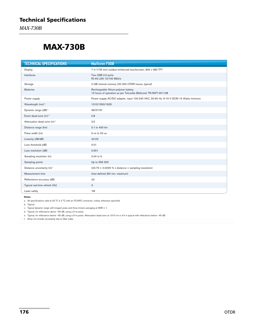 Max-730b, Technical specifications, Otdr | Technical specifications m, 730b | EXFO OTDR 2 User Manual | Page 184 / 219