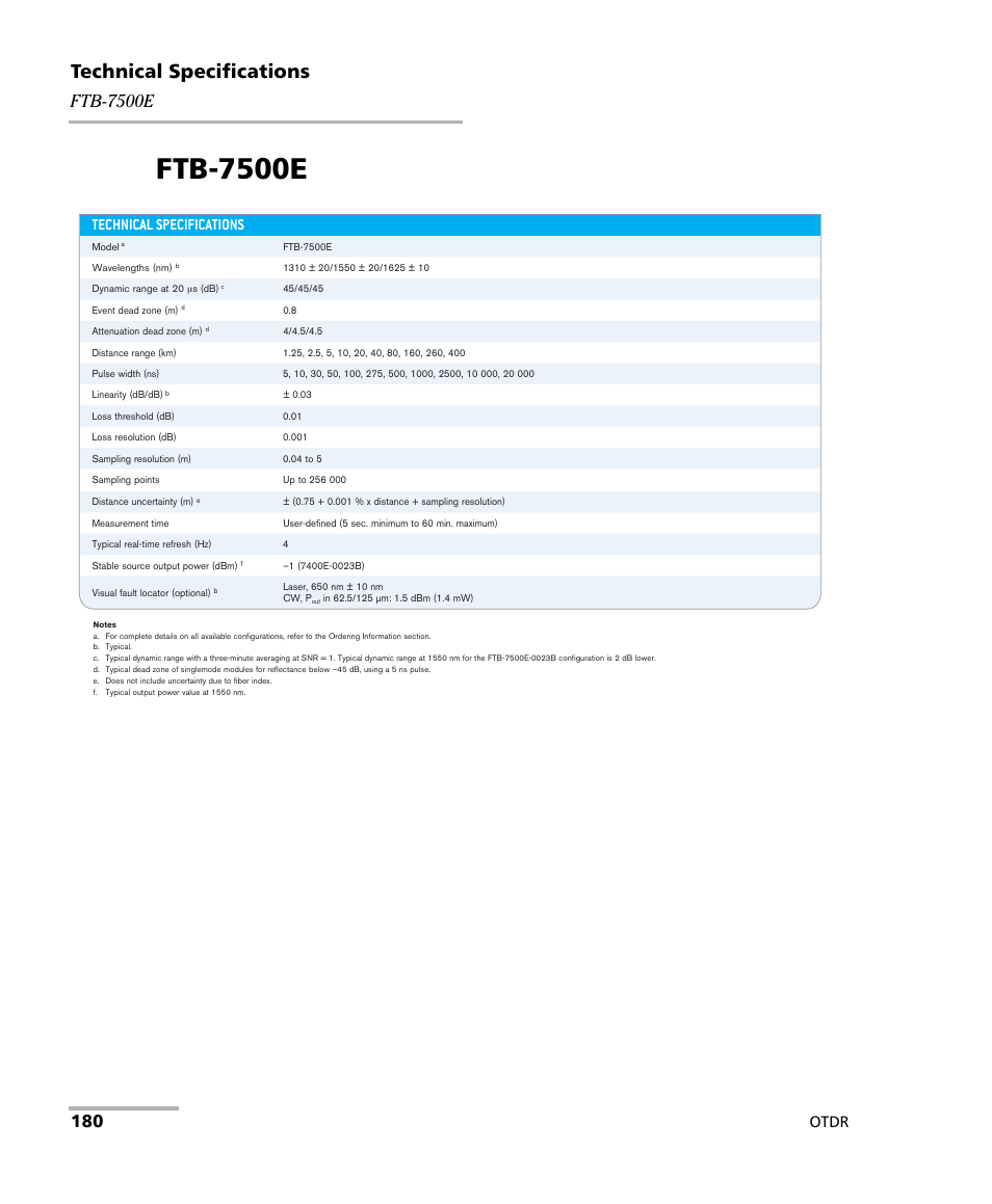 Ftb-7500e, Technical specifications, Otdr | EXFO OTDR 2 User Manual | Page 188 / 219